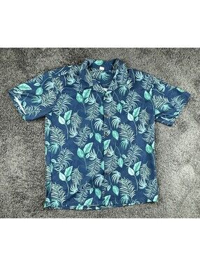Palmwave Hawaii Shirt Mens XL Blue Green Tropical Leaf Print Button Up Aloha
